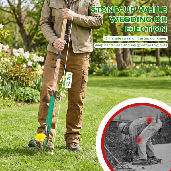 Weed Puller Tool with 2 Weed Eject Feature, 43.7in Stand Up Dandelion Remover Tool, Real Bamboo Handle and Metal 4 Claw & Foot Pedal, Heavy Duty Garden Weeder