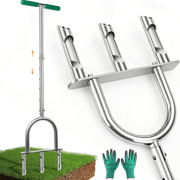 69ecdd3e23c320bda46d7967309d80575968347bf2f4e4fe5e5d5.jpg Manual Lawn Aerator Tool with 3 Hollow Tines, Adjustable Height Stainless Steel Core Aerator, Heavy Duty Plug Aerator for Lawn Soil Compaction Relief, Yard Aeration Tool