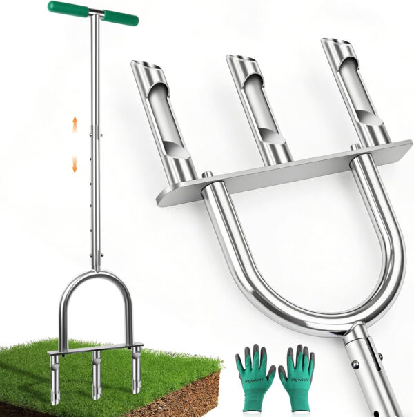 Manual Lawn Aerator Tool with 3 Hollow Tines, Adjustable Height Stainless Steel Core Aerator, Heavy Duty Plug Aerator for Lawn Soil Compaction Relief, Yard Aeration Tool