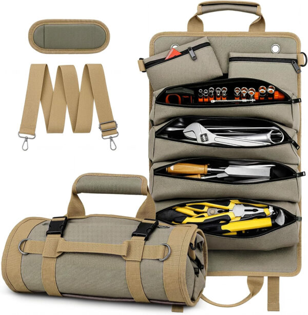 Tool Roll Up Bag, 1680D Heavy Duty Tool Bag Organizer with 2 Detachable Tool Pouches & Multiple Pockets, Waterproof Motorcycle Tool Roll for Mechanic & Electrician, Gift for Men Him Dad, 21.9"*14.7"
