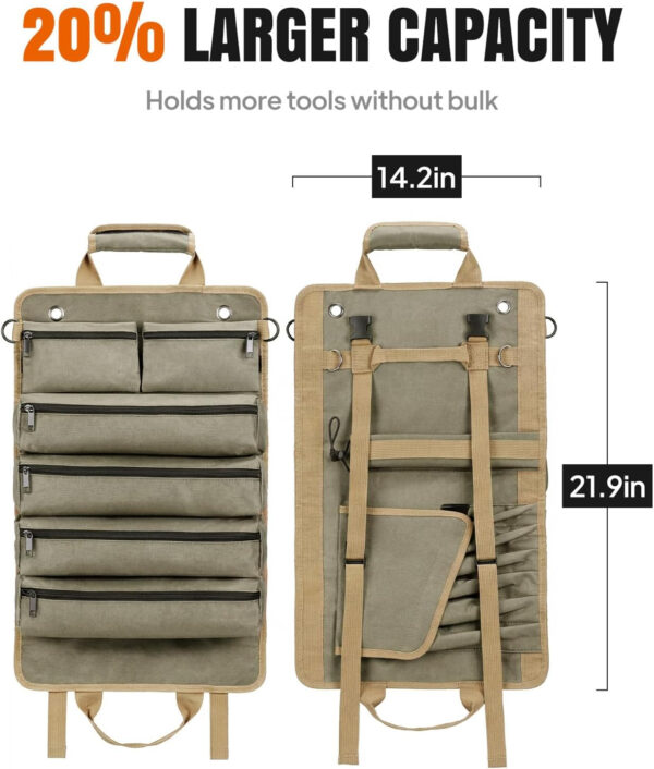 Tool Roll Up Bag, 1680D Heavy Duty Tool Bag Organizer with 2 Detachable Tool Pouches & Multiple Pockets, Waterproof Motorcycle Tool Roll for Mechanic & Electrician, Gift for Men Him Dad, 21.9"*14.7"