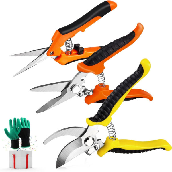 69ee27d6e9b00ced6ef8f9915c205685e2cf5877bc52651f18f2a.jpg 3 Pack Garden Pruning Shears Stainless Steel Blades Handheld Pruners Set with Gardening Gloves